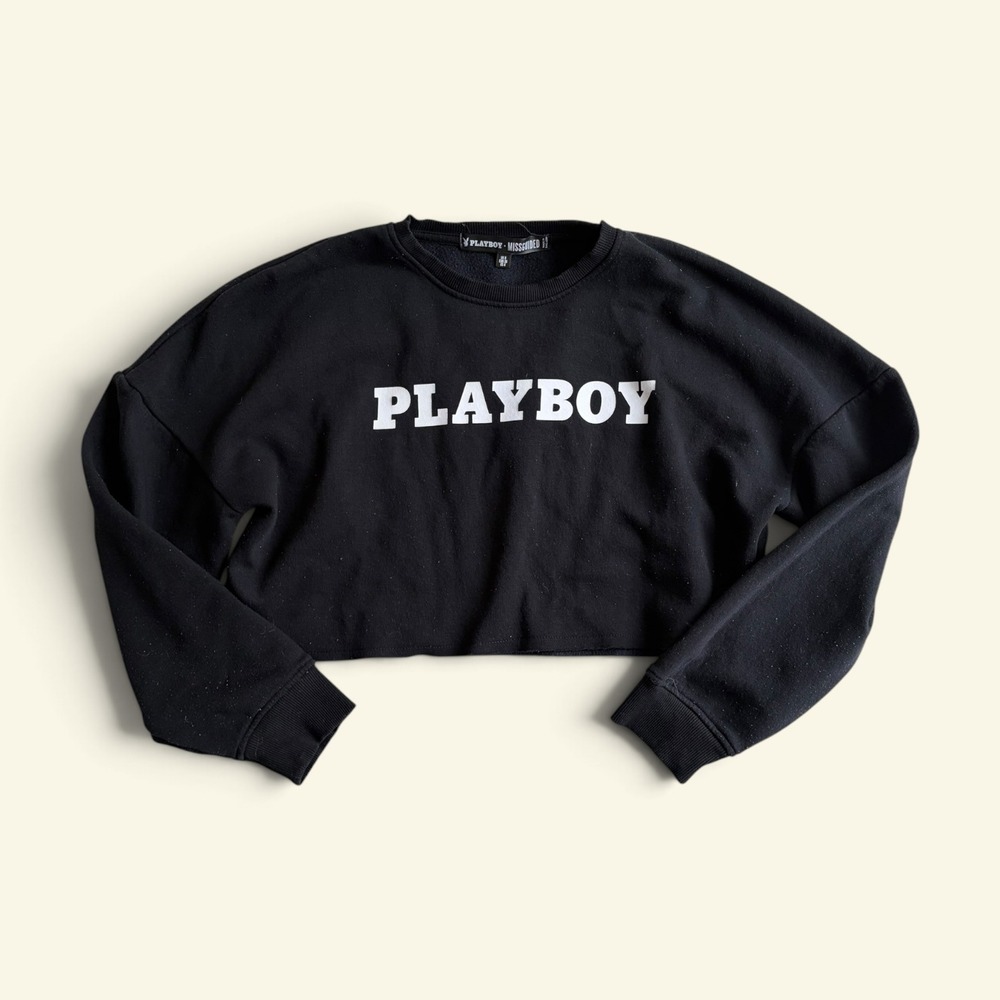 Playboy x Missguided Cropped Sweatshirt Black Spellout Crewneck Pullover Size 4